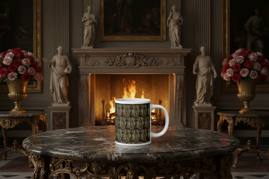 White glossy mug in Renaissance palace with fireplace and roses