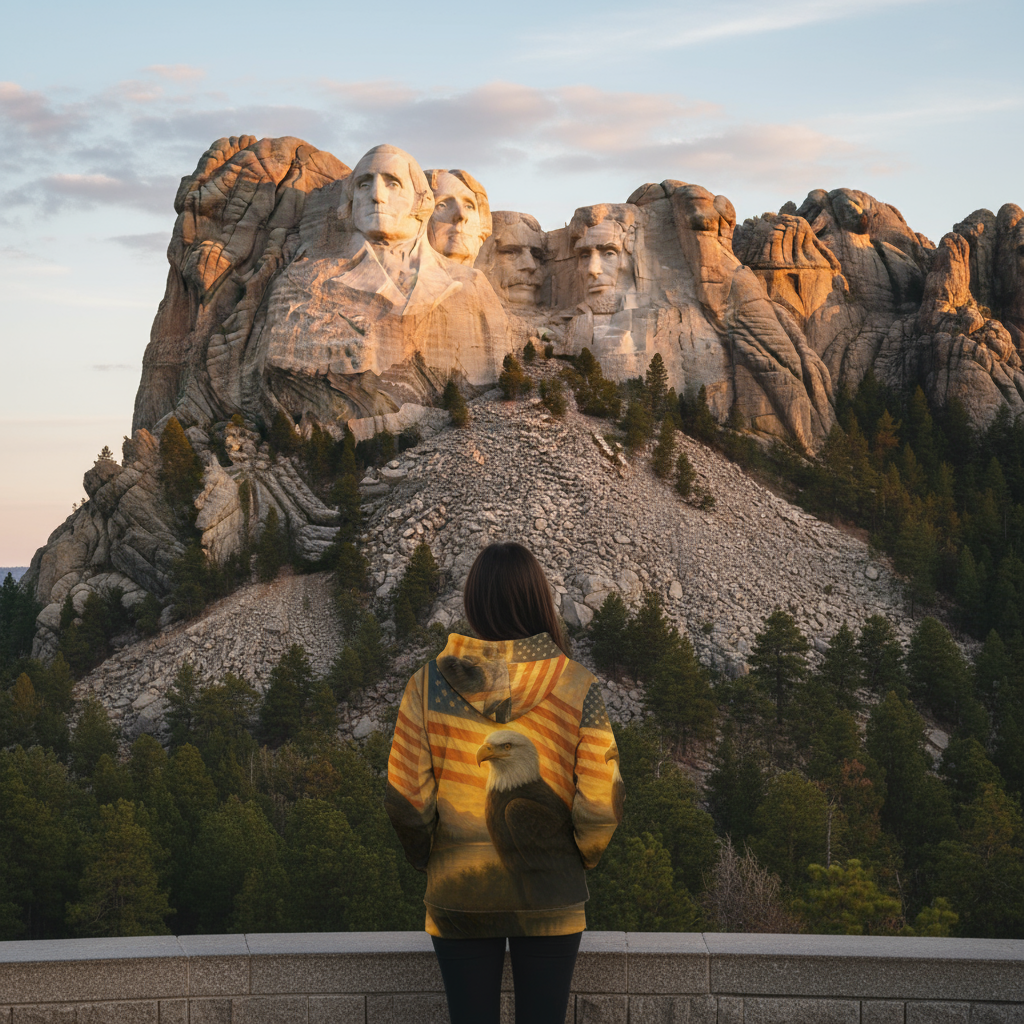 Woman wearing Freedom Collection Patriotic Eagle hoodie with Mount Rushmore in background