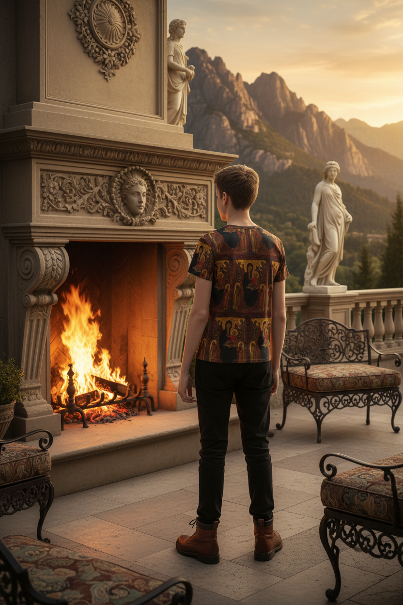 Youth Back View Looking at Fireplace