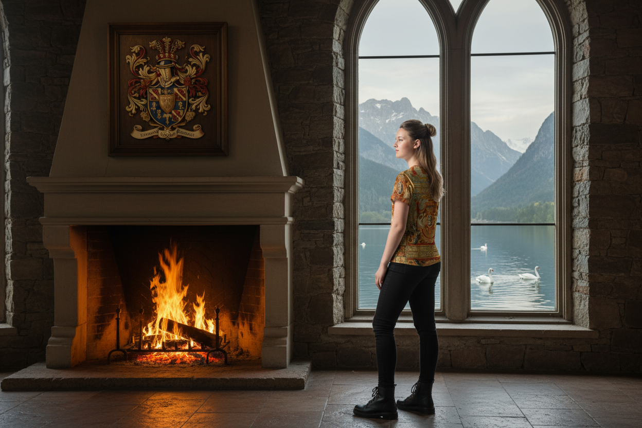 Youth girl in Arms of the Greder Family t-shirt looking out castle windows at lake and swans