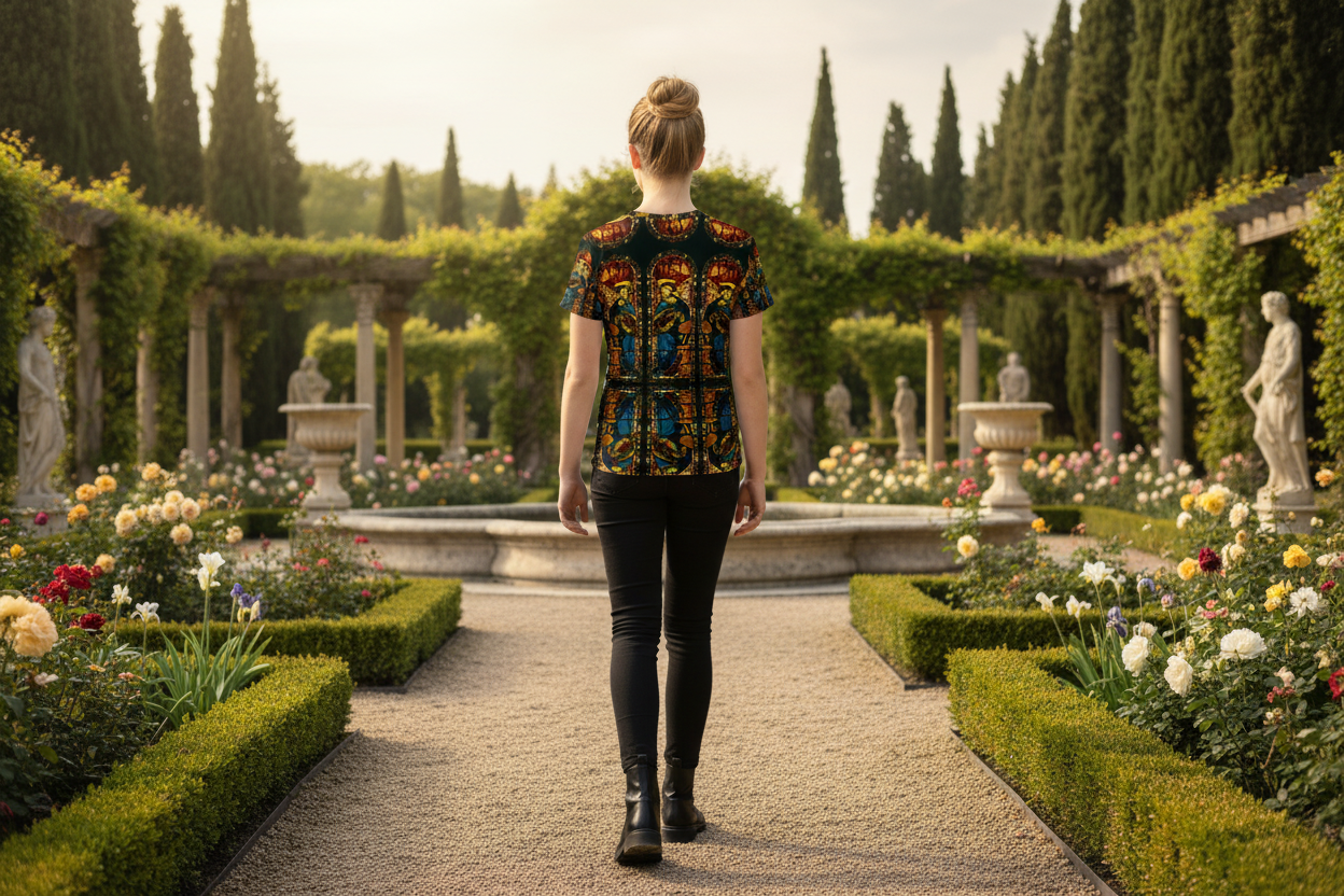 Youth girl in The Virgin Annunciate t-shirt with black slacks and boots in Renaissance garden