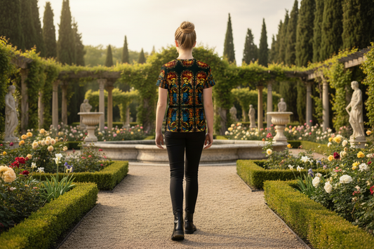 Youth girl in The Virgin Annunciate t-shirt with black slacks and boots in Renaissance garden