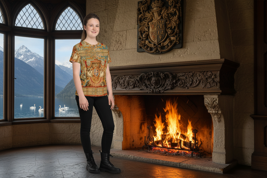 Youth girl wearing Arms of the Greder Family t-shirt in Renaissance castle