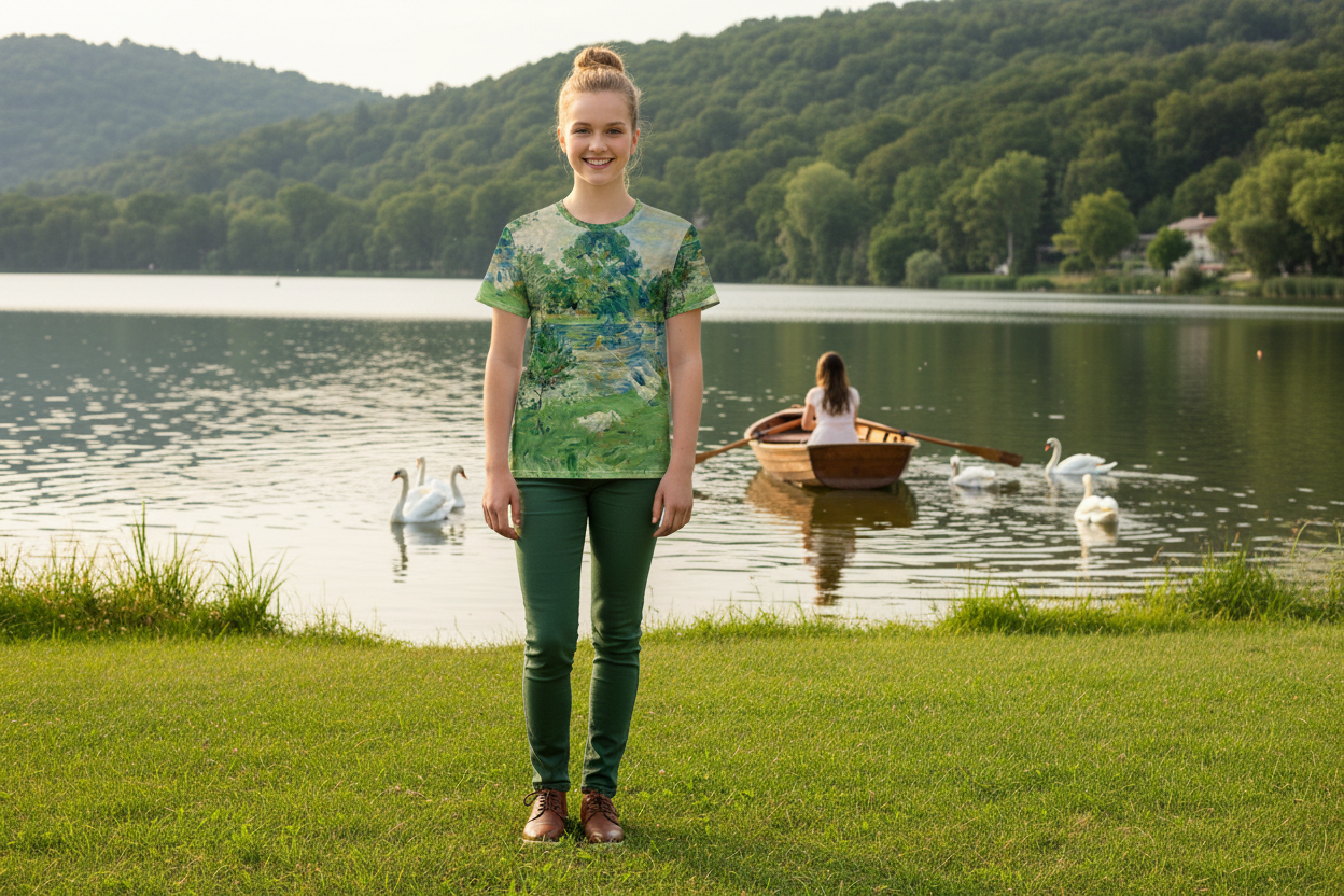 Youth girl wearing Girl in a Boat with Geese t-shirt by scenic lake