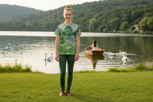 Youth girl wearing Girl in a Boat with Geese t-shirt by scenic lake