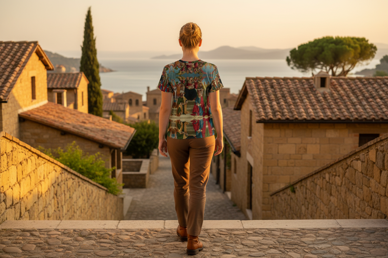Youth model walking away showing back of Madonna and Child shirt