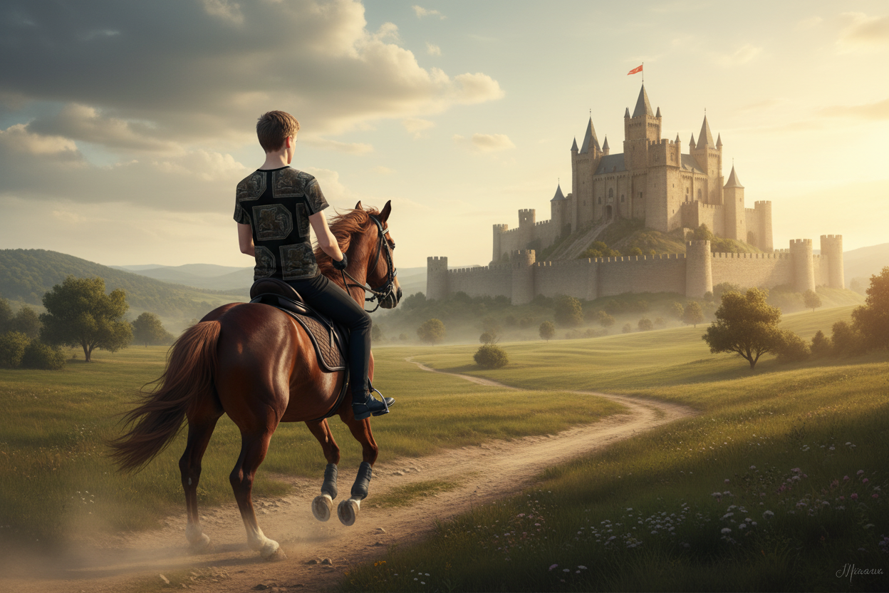 Youth on horseback wearing Bronze Horseman shirt and fitted black pants