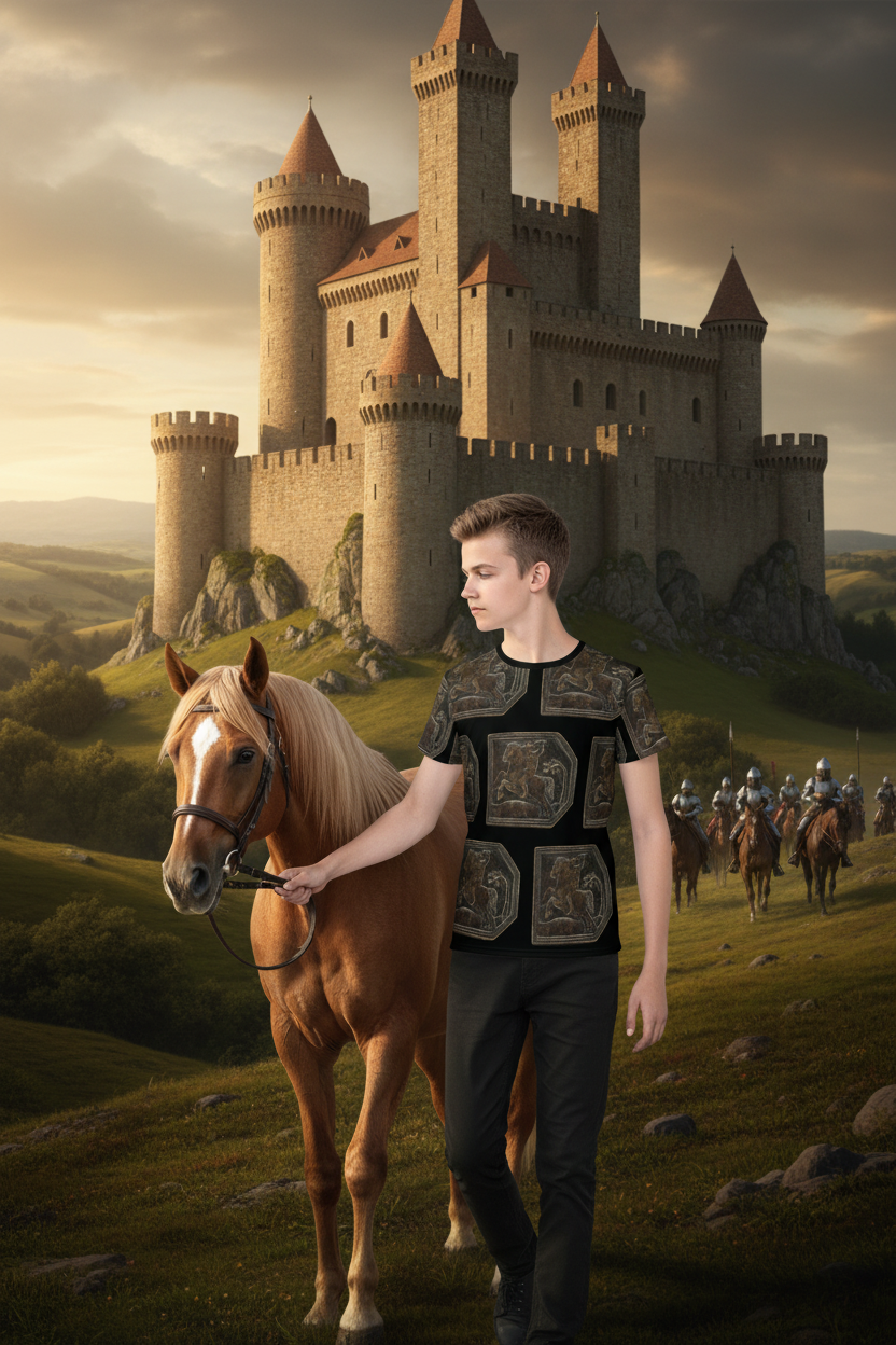 Youth Walking Horse with Castle Background