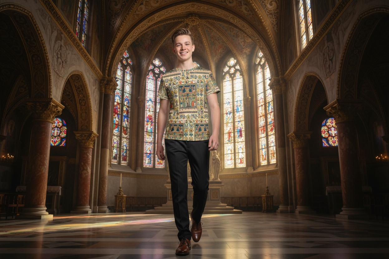 Youth walking toward camera with t-shirt completely untucked and visible