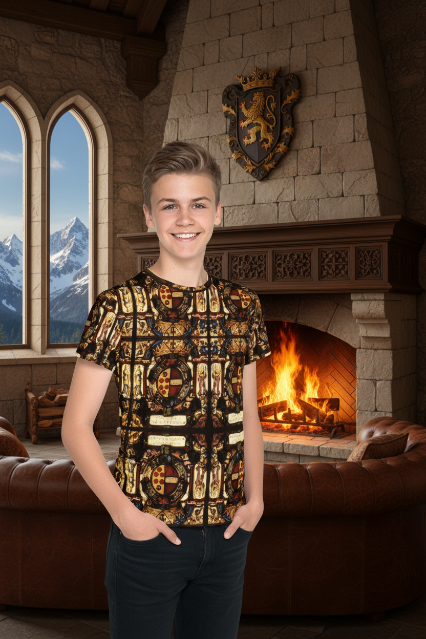 Youth wearing exact Armorial Panel t-shirt in medieval castle