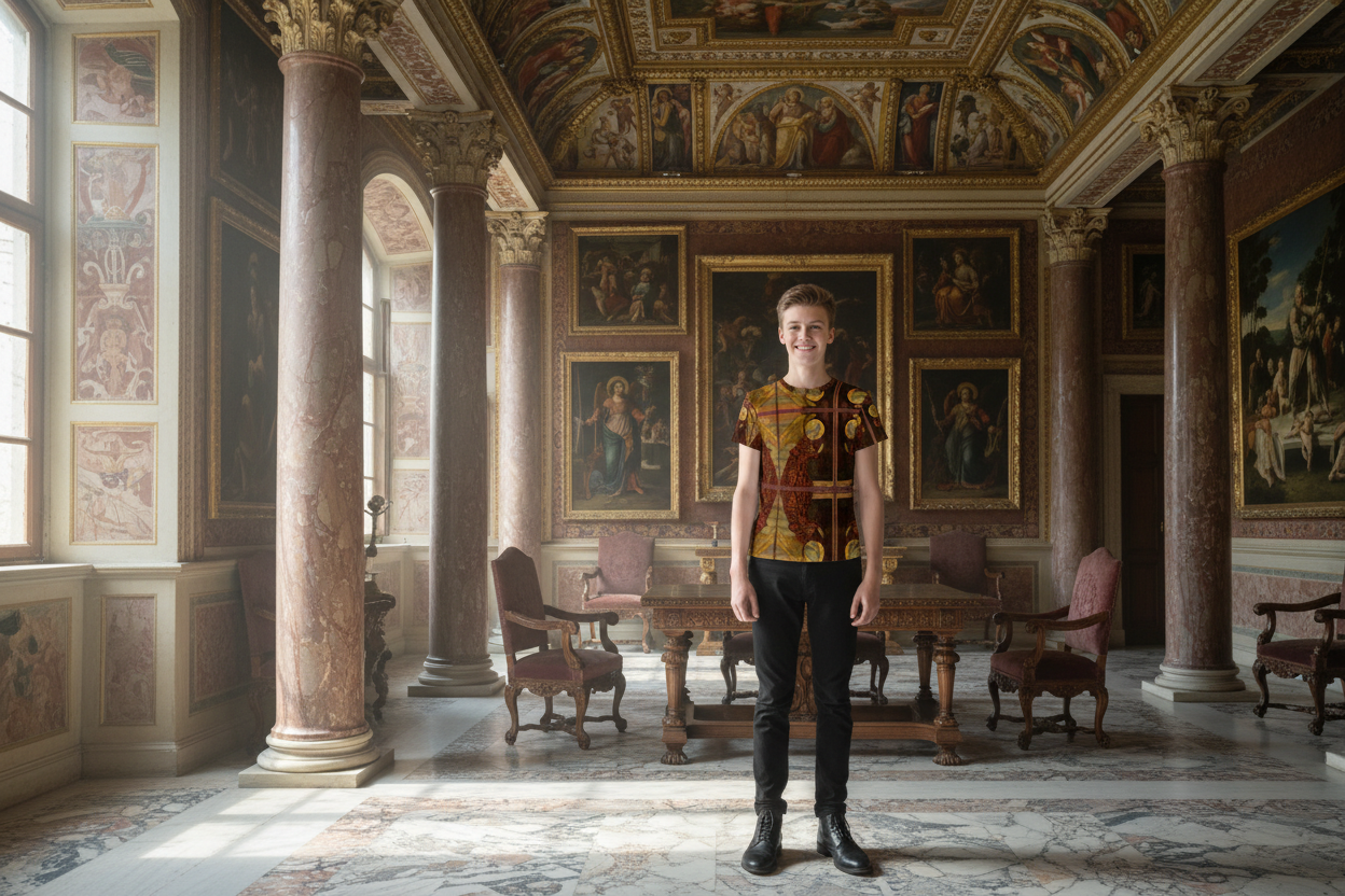 Youth wearing The Archangel Gabriel t-shirt in Renaissance interior