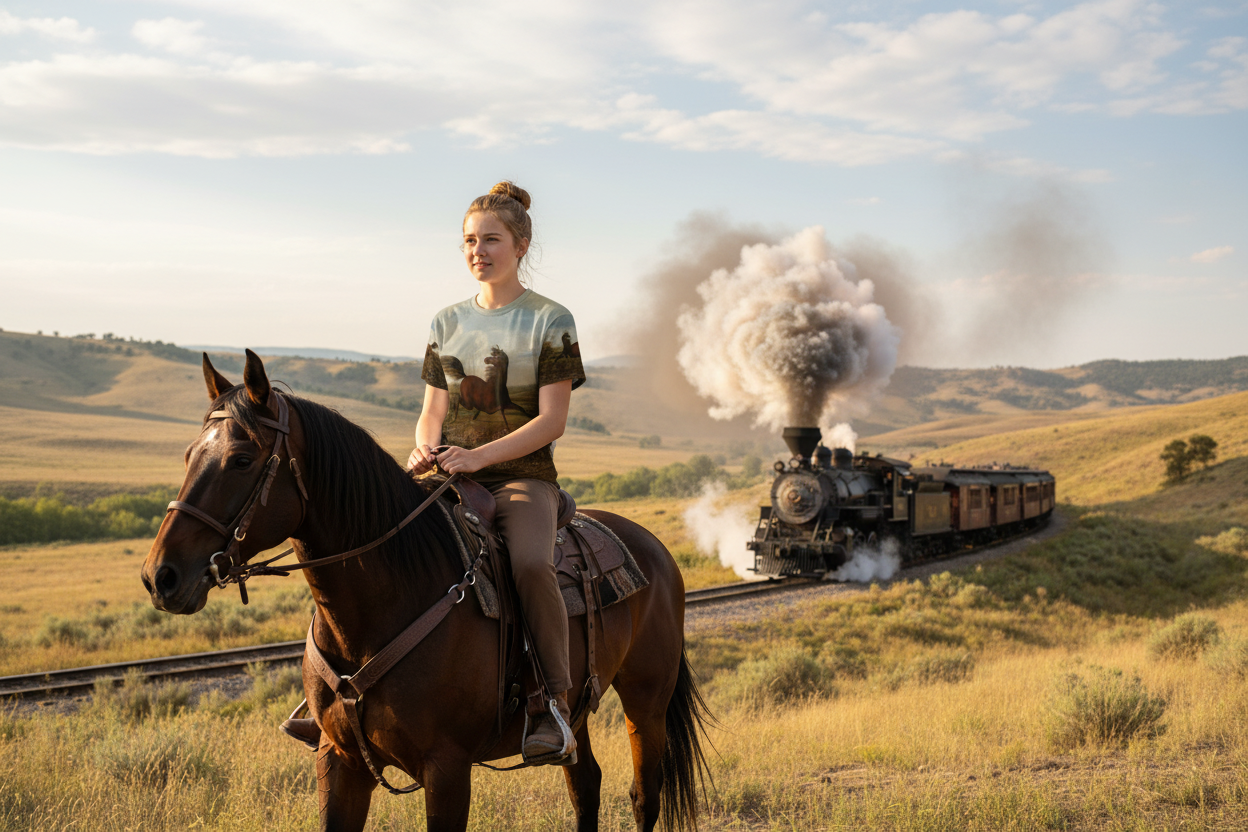Youth wearing The Neigh of an Iron Horse t-shirt on horseback with steam train