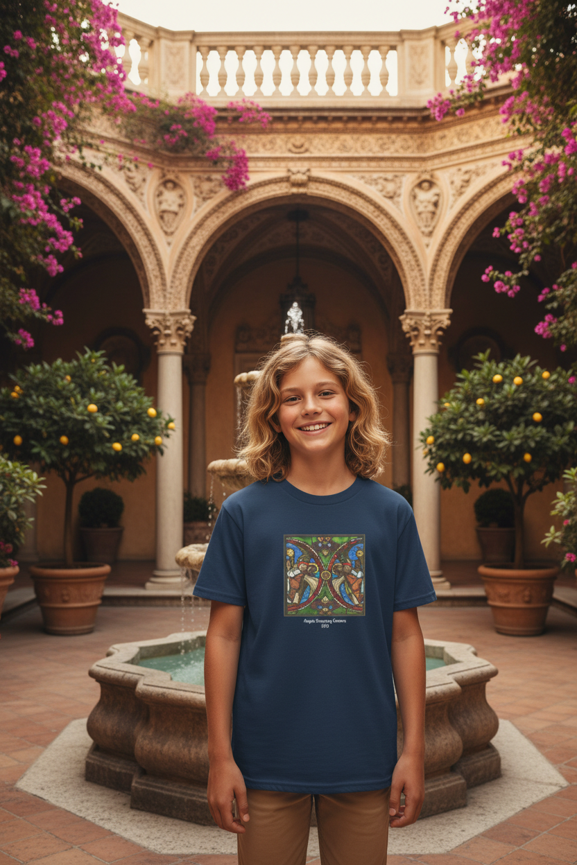 Youth with wavy blond hair in opulent Mediterranean courtyard - Angels Swinging Censurs tee
